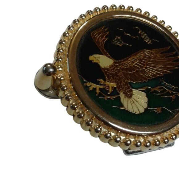 Belt Buckle Bald Eagle in Flight Bezel Gold Green Enamel - Picture 4 of 8